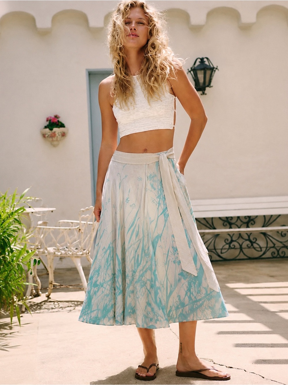 Catherine Malandrino Silk Wrap Midi Skirt White Blue Botanical Floral Print 10